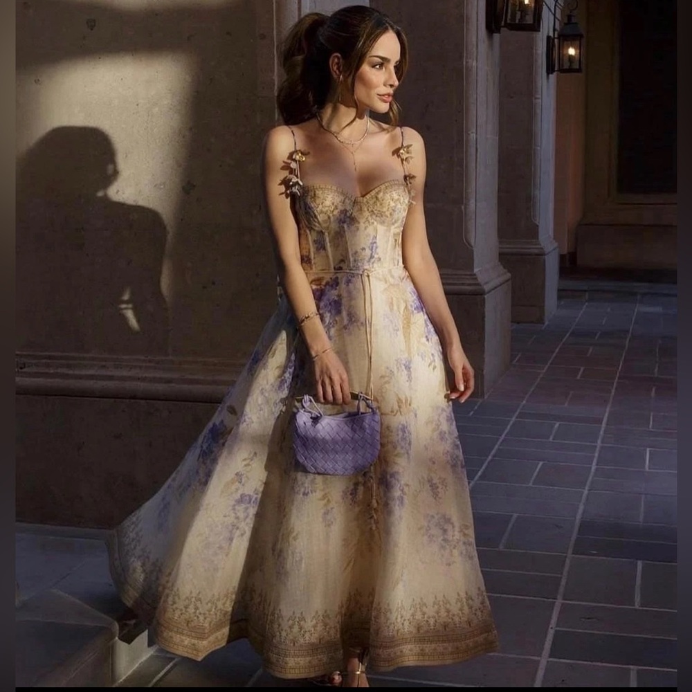 Zimmermann Dawning Picnic Linen Midi-Petal Appliqué Dress